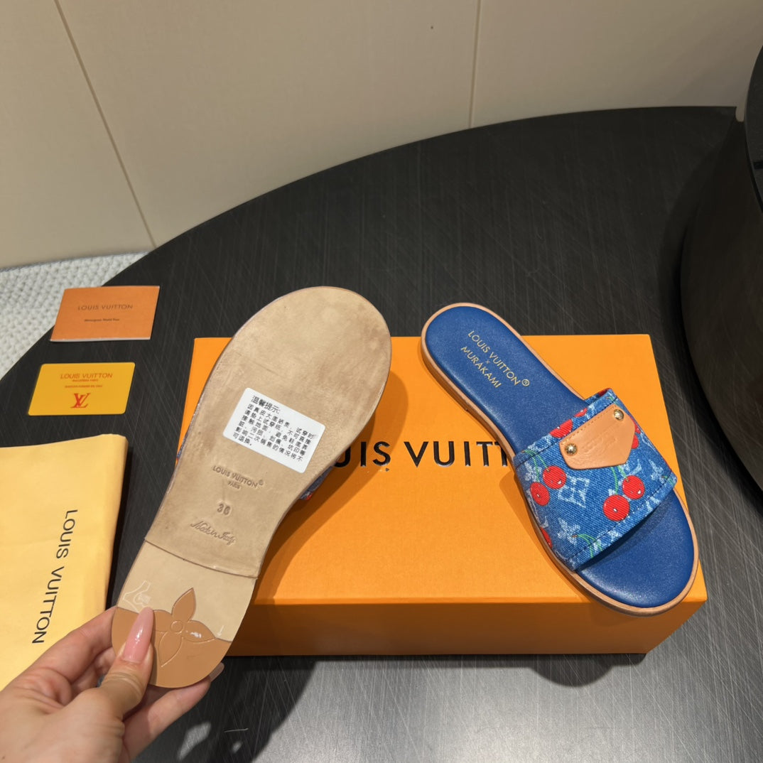 LOUIS VUITTON LV SLIDE SANDALS 25S IN DARK BLUE DENIM AND CALFSKIN WITH LOGO PRINT