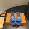 LOUIS VUITTON LV SLIDE SANDALS 25S IN DARK BLUE DENIM AND CALFSKIN WITH LOGO PRINT