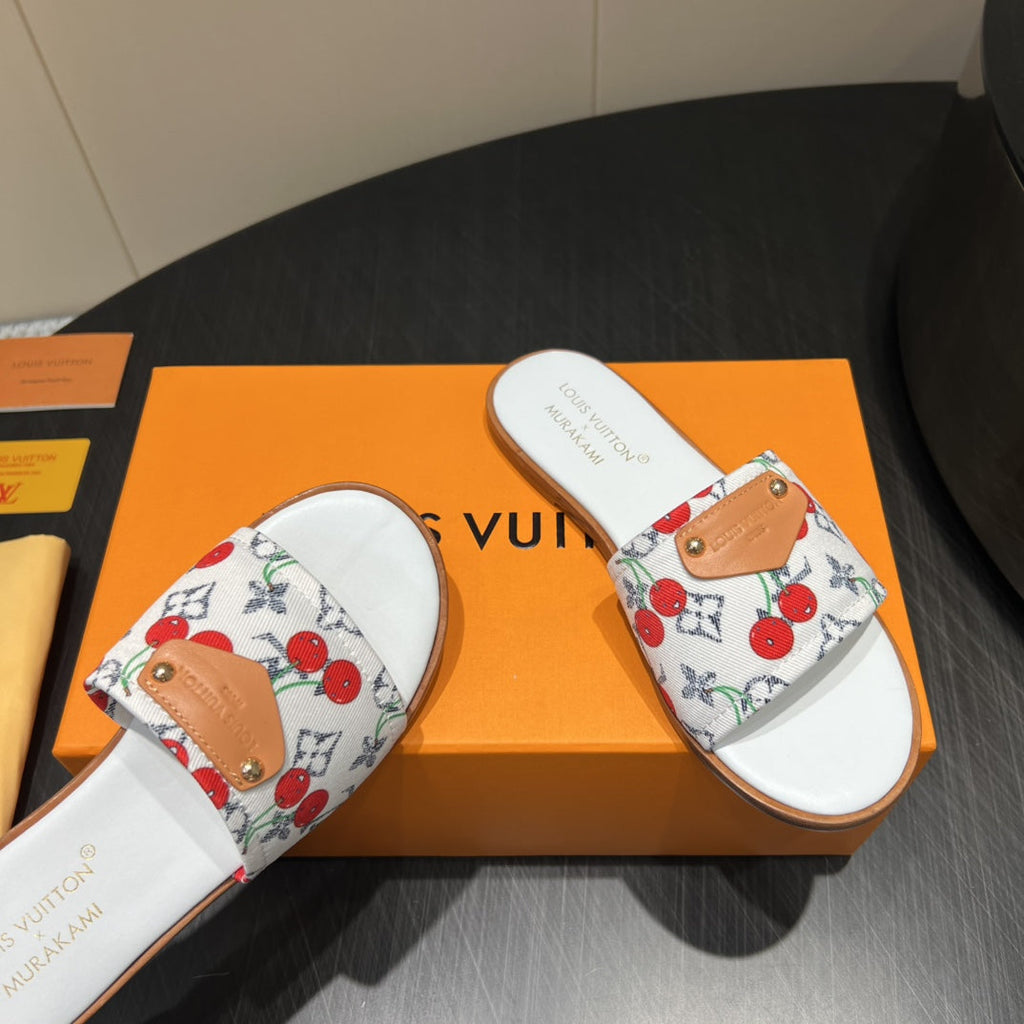 LOUIS VUITTON LV SLIDE SANDALS 25S IN WHITE DENIM AND CALFSKIN WITH LOGO PRINT