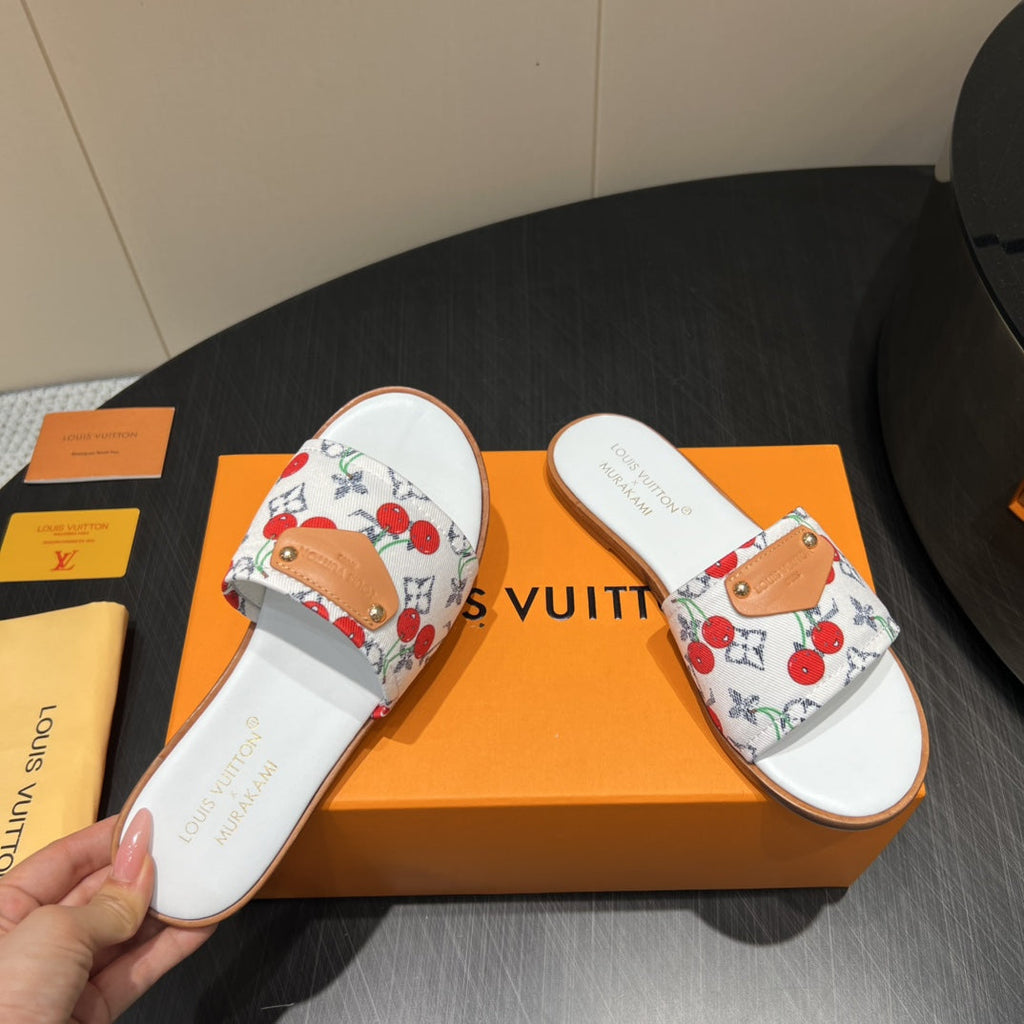 LOUIS VUITTON LV SLIDE SANDALS 25S IN WHITE DENIM AND CALFSKIN WITH LOGO PRINT