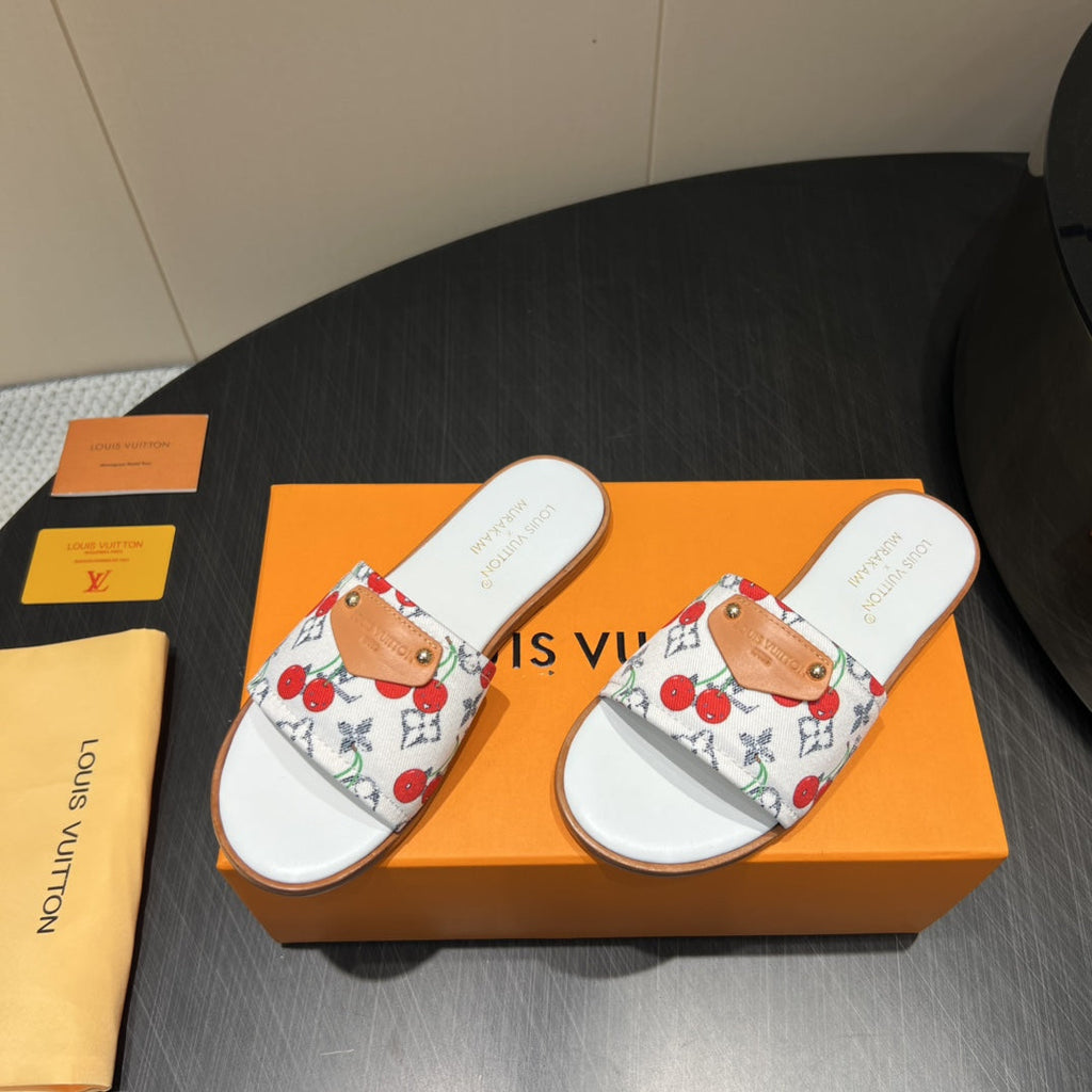 LOUIS VUITTON LV SLIDE SANDALS 25S IN WHITE DENIM AND CALFSKIN WITH LOGO PRINT