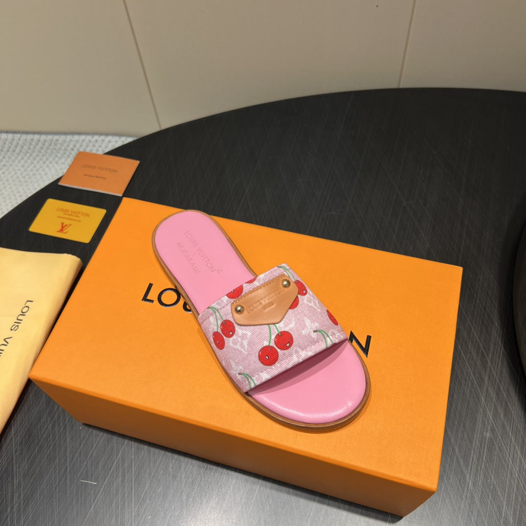 LOUIS VUITTON LV SLIDE SANDALS 25S IN PINK DENIM AND CALFSKIN WITH LOGO PRINT