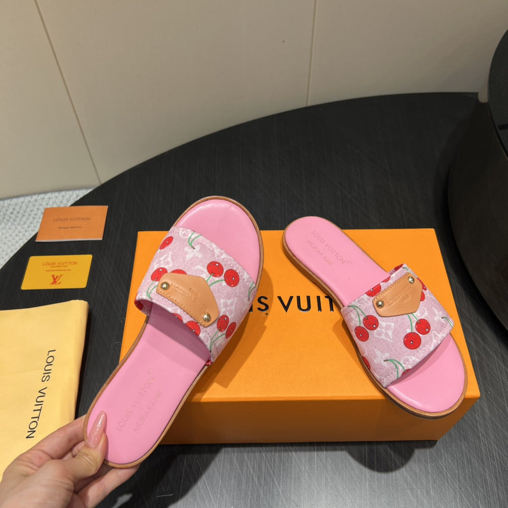 LOUIS VUITTON LV SLIDE SANDALS 25S IN PINK DENIM AND CALFSKIN WITH LOGO PRINT