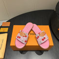 LOUIS VUITTON LV SLIDE SANDALS 25S IN PINK DENIM AND CALFSKIN WITH LOGO PRINT