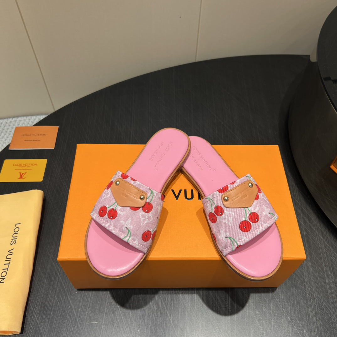LOUIS VUITTON LV SLIDE SANDALS 25S IN PINK DENIM AND CALFSKIN WITH LOGO PRINT
