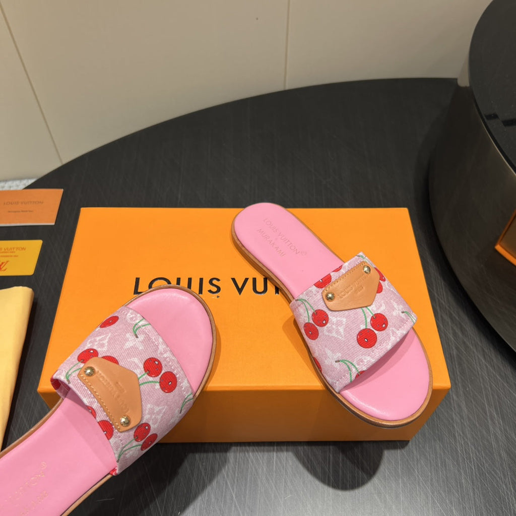 LOUIS VUITTON LV SLIDE SANDALS 25S IN PINK DENIM AND CALFSKIN WITH LOGO PRINT