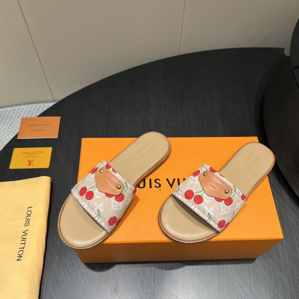 LOUIS VUITTON LV SLIDE SANDALS 25S IN BEIGE DENIM AND CALFSKIN WITH LOGO PRINT