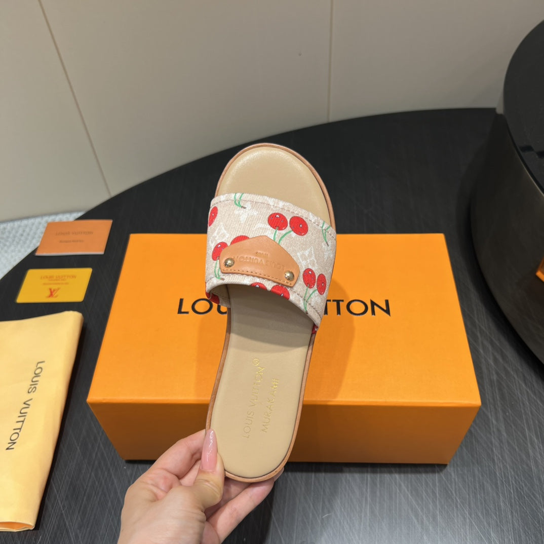 LOUIS VUITTON LV SLIDE SANDALS 25S IN BEIGE DENIM AND CALFSKIN WITH LOGO PRINT