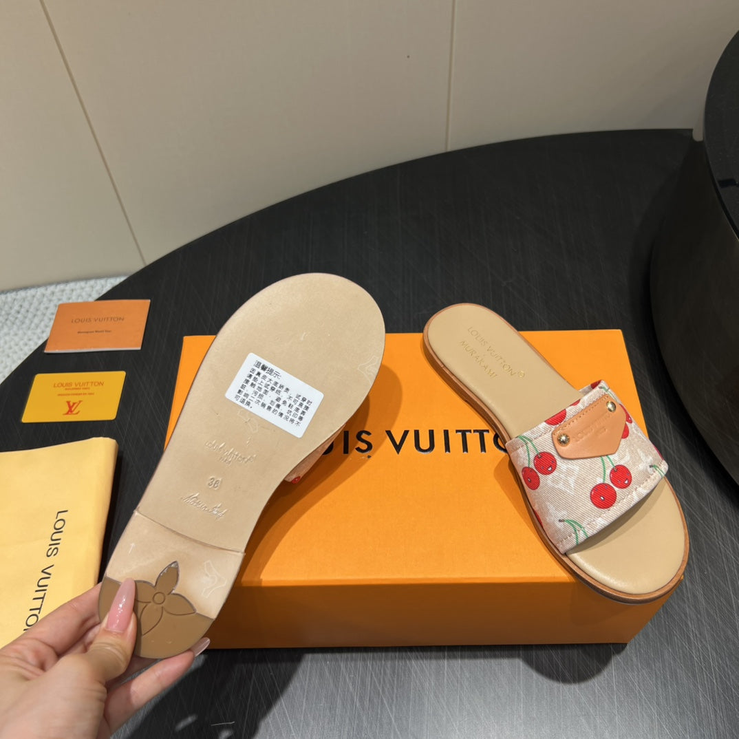 LOUIS VUITTON LV SLIDE SANDALS 25S IN BEIGE DENIM AND CALFSKIN WITH LOGO PRINT
