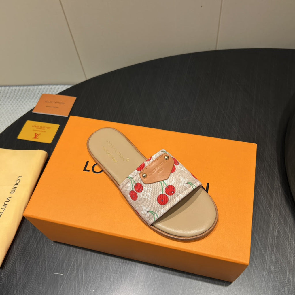 LOUIS VUITTON LV SLIDE SANDALS 25S IN BEIGE DENIM AND CALFSKIN WITH LOGO PRINT
