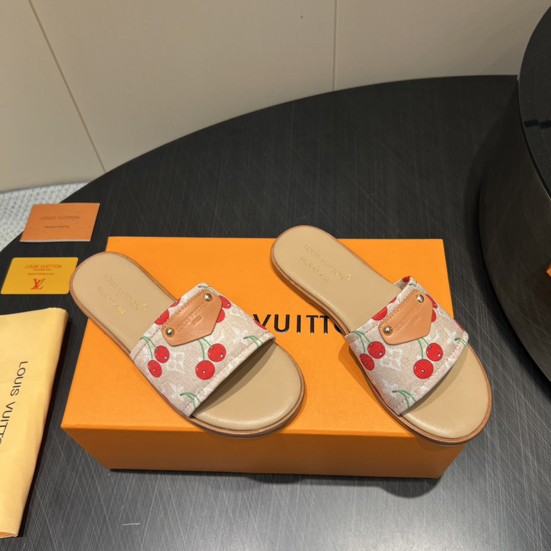 LOUIS VUITTON LV SLIDE SANDALS 25S IN BEIGE DENIM AND CALFSKIN WITH LOGO PRINT