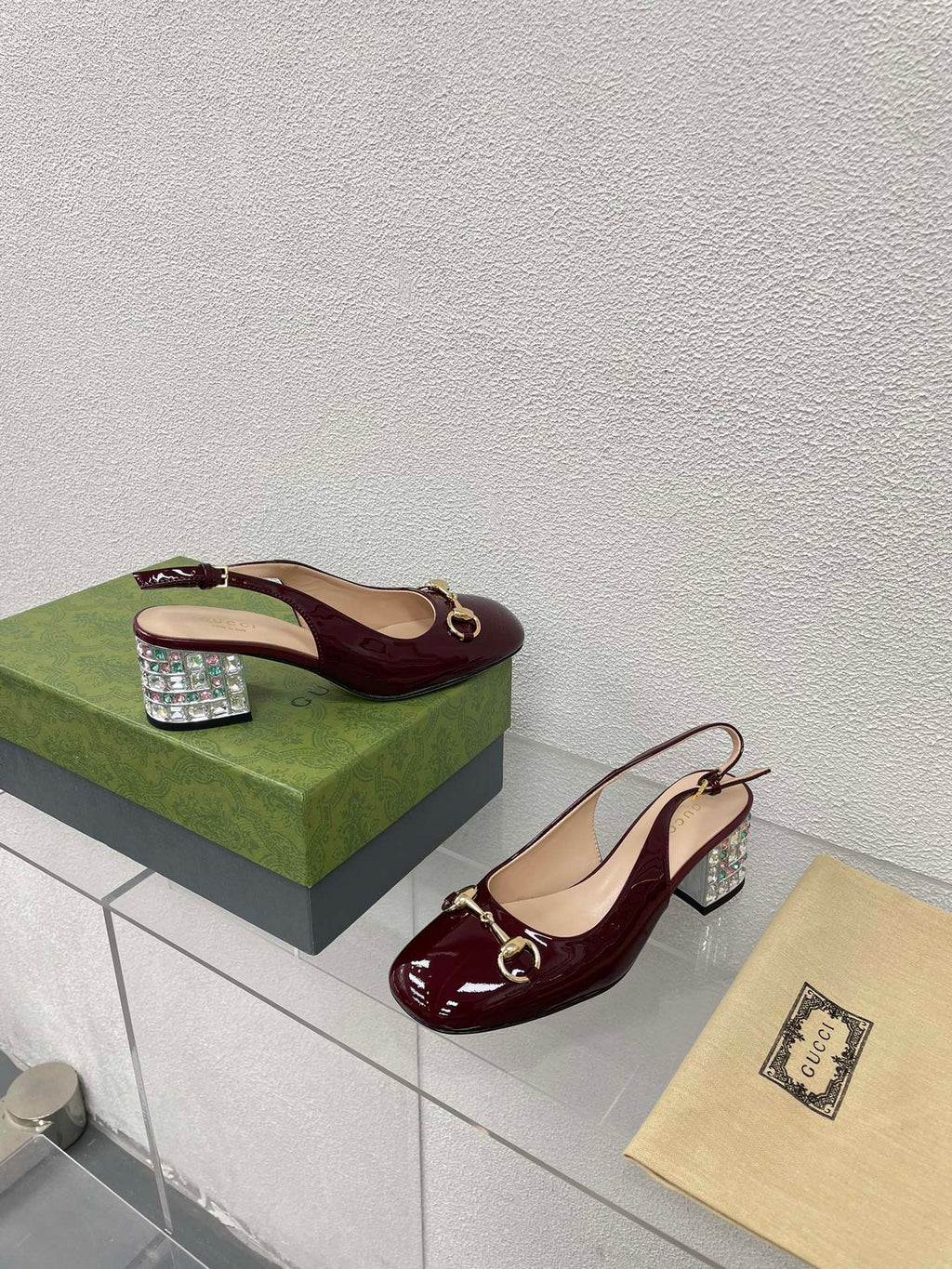 GUCCI WOMEN'S HORSEBIT SLINGBACK IN WINE RED CALFSKIN WITH RHINSTONES