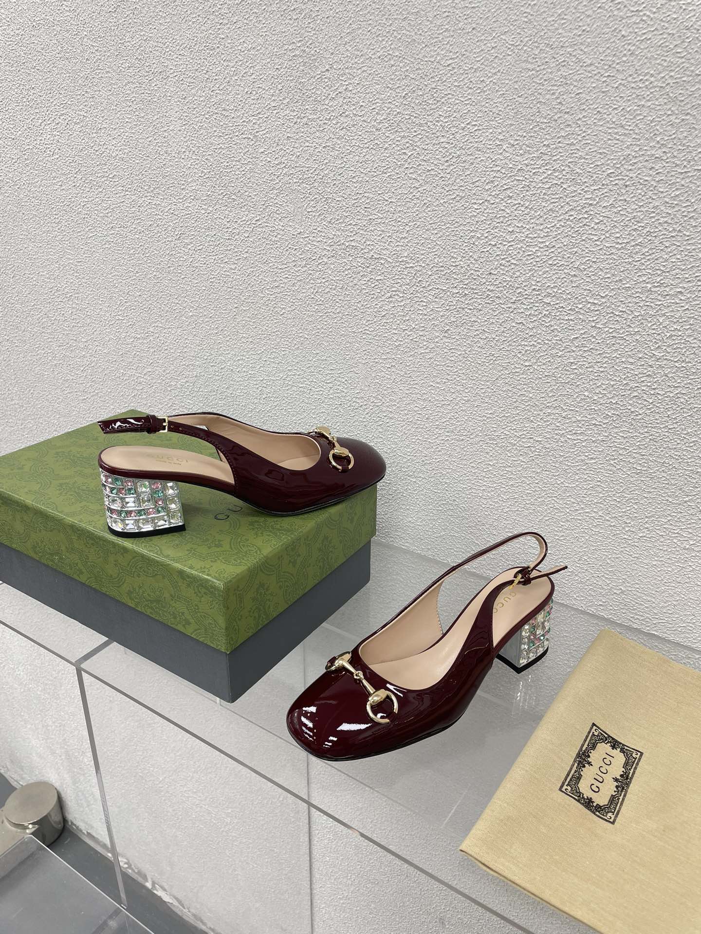 GUCCI WOMEN'S HORSEBIT SLINGBACK IN WINE RED CALFSKIN WITH RHINSTONES
