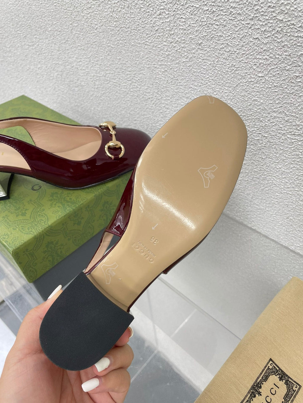 GUCCI WOMEN'S HORSEBIT SLINGBACK IN WINE RED CALFSKIN WITH RHINSTONES