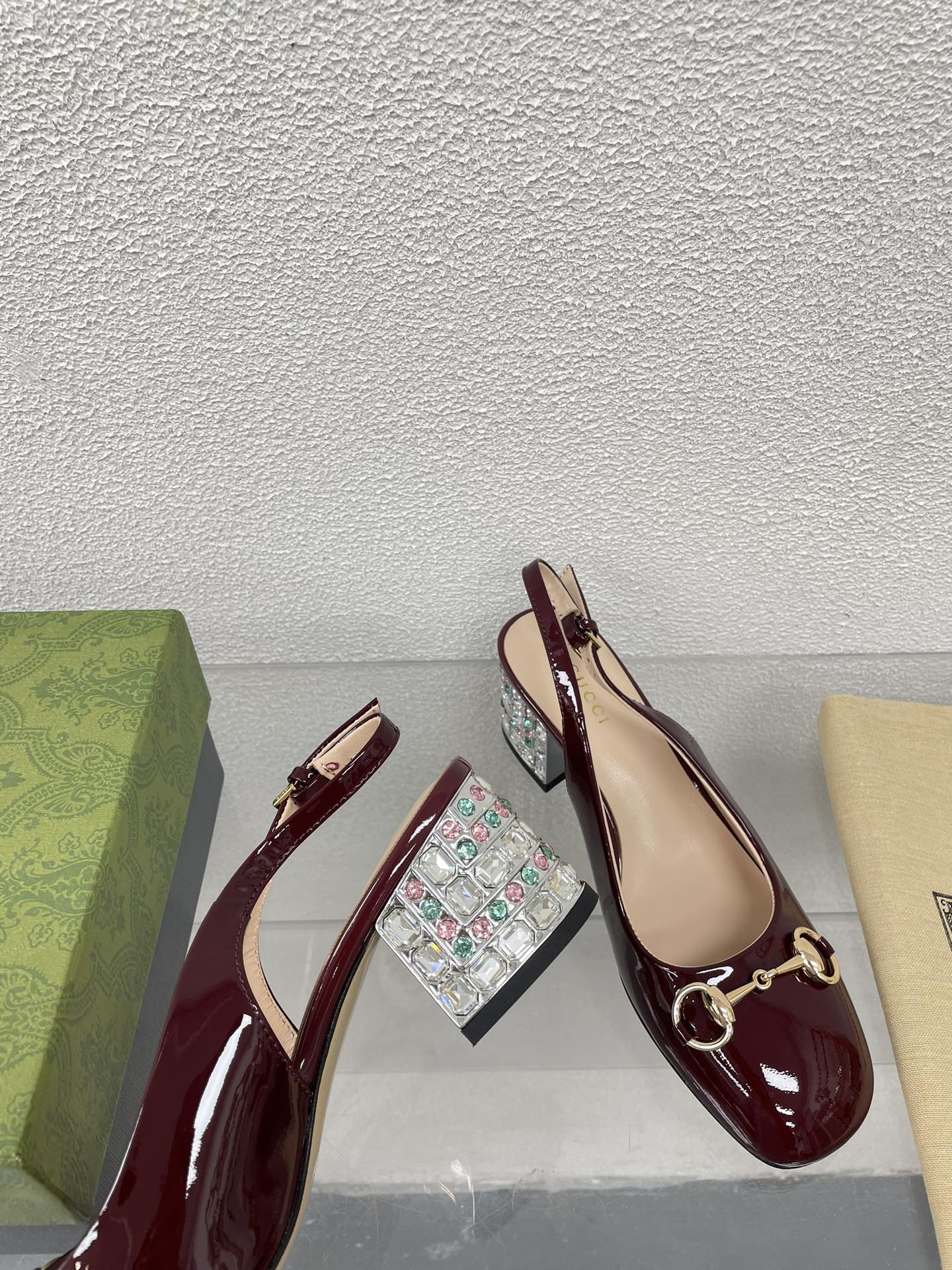 GUCCI WOMEN'S HORSEBIT SLINGBACK IN WINE RED CALFSKIN WITH RHINSTONES