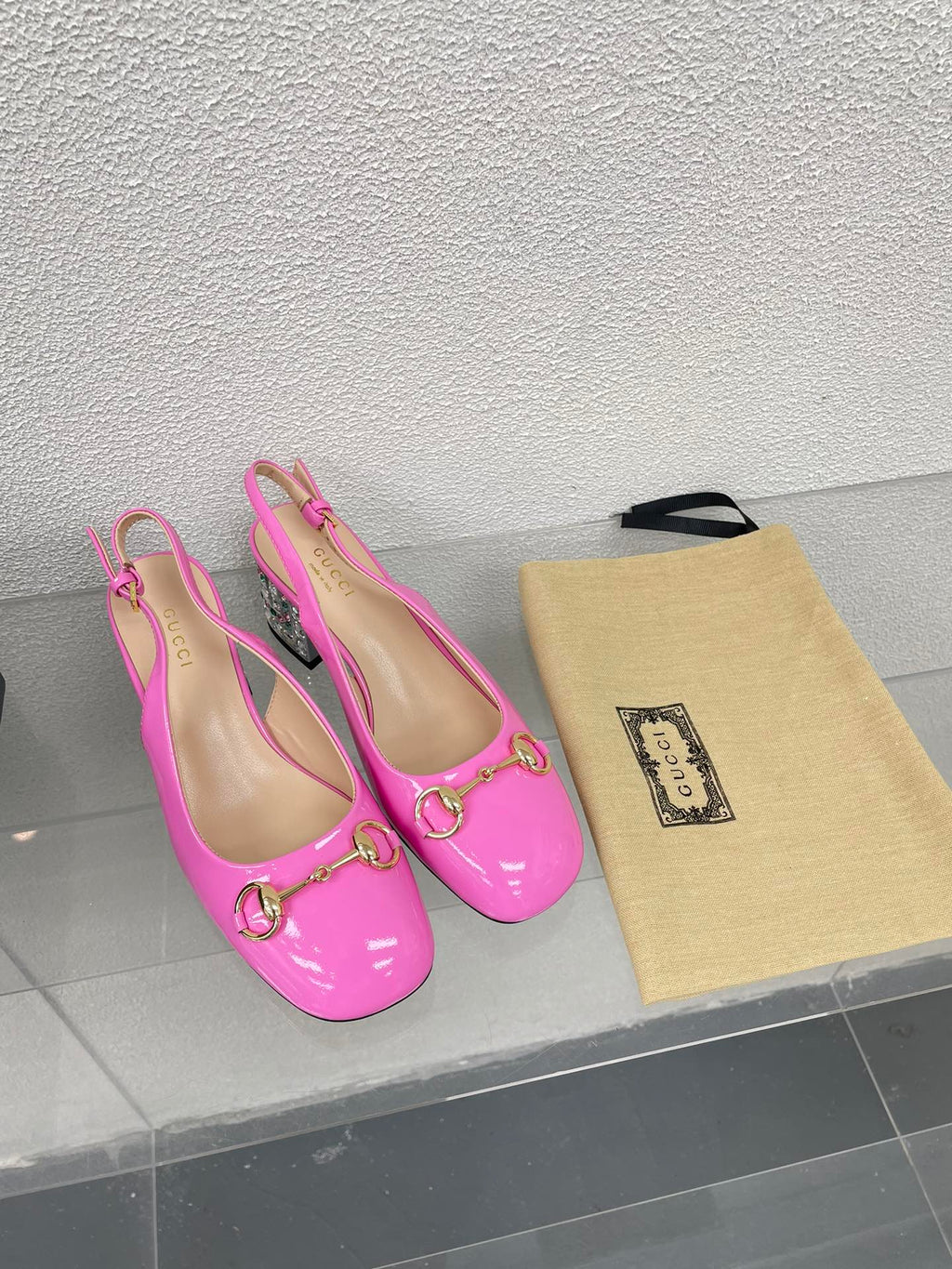 GUCCI WOMEN'S HORSEBIT SLINGBACK IN FUSCIA PINK CALFSKIN WITH RHINSTONES