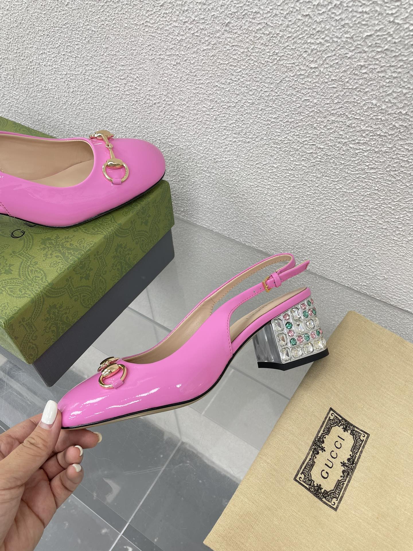 GUCCI WOMEN'S HORSEBIT SLINGBACK IN FUSCIA PINK CALFSKIN WITH RHINSTONES