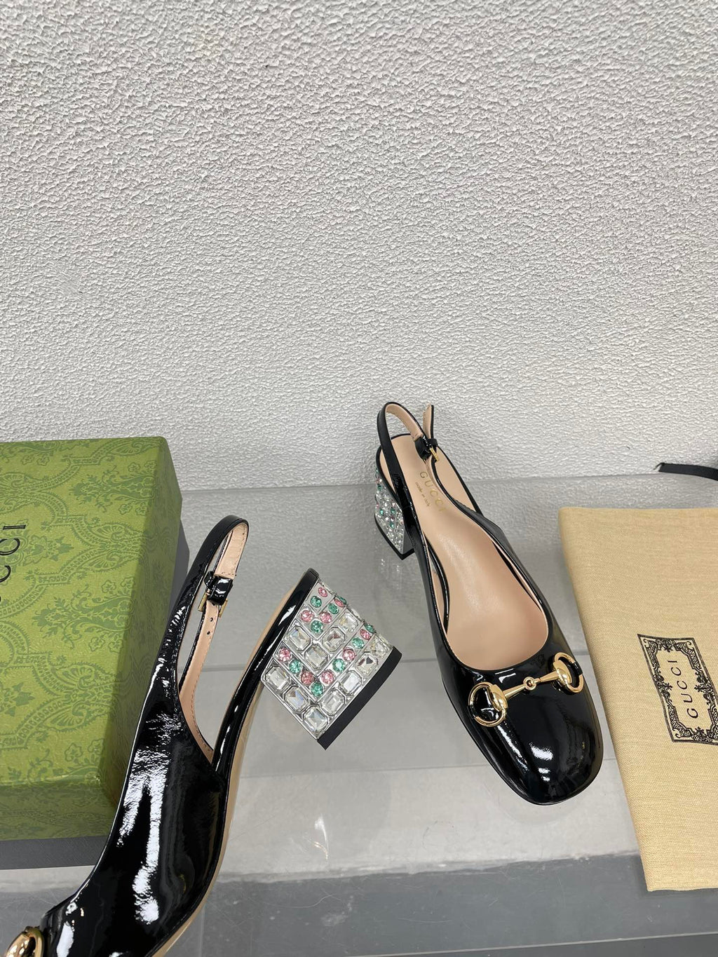 GUCCI WOMEN'S HORSEBIT SLINGBACK IN BLACK CALFSKIN WITH RHINSTONES