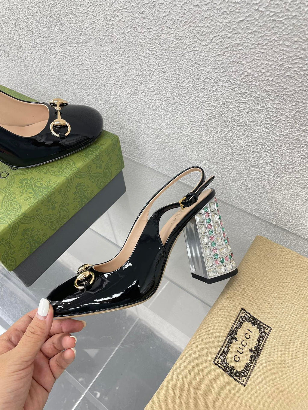 GUCCI WOMEN'S HORSEBIT SLINGBACK 95MM IN BLACK CALFSKIN WITH RHINSTONES
