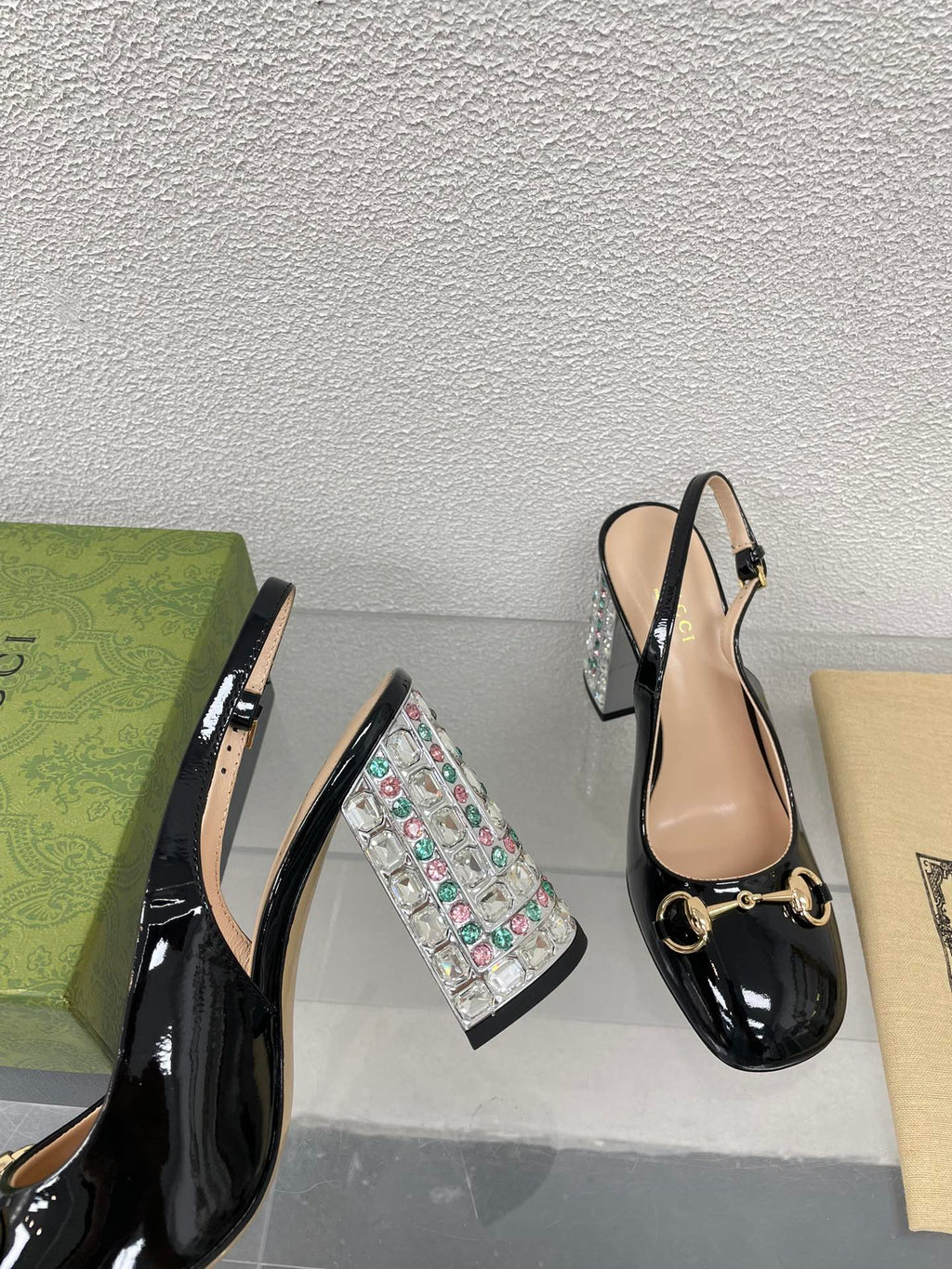 GUCCI WOMEN'S HORSEBIT SLINGBACK 95MM IN BLACK CALFSKIN WITH RHINSTONES