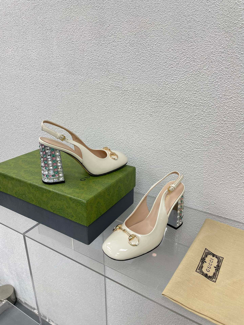 GUCCI WOMEN'S HORSEBIT SLINGBACK 95MM IN WHITE CALFSKIN WITH RHINSTONES