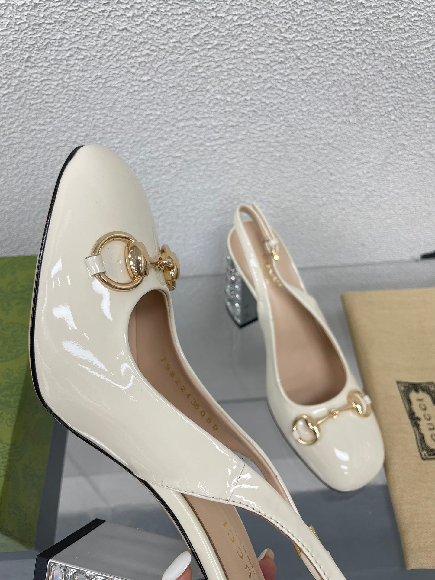 GUCCI WOMEN'S HORSEBIT SLINGBACK 95MM IN WHITE CALFSKIN WITH RHINSTONES