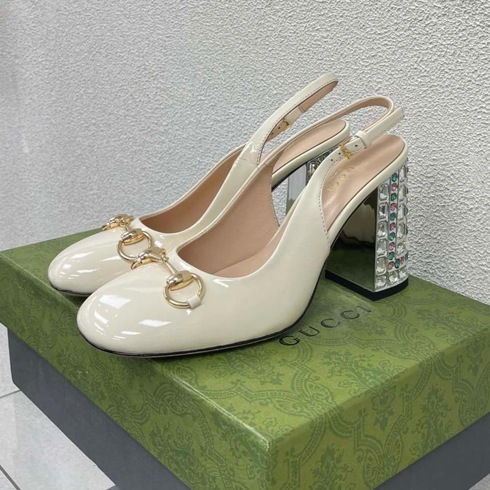 GUCCI WOMEN'S HORSEBIT SLINGBACK 95MM IN WHITE CALFSKIN WITH RHINSTONES