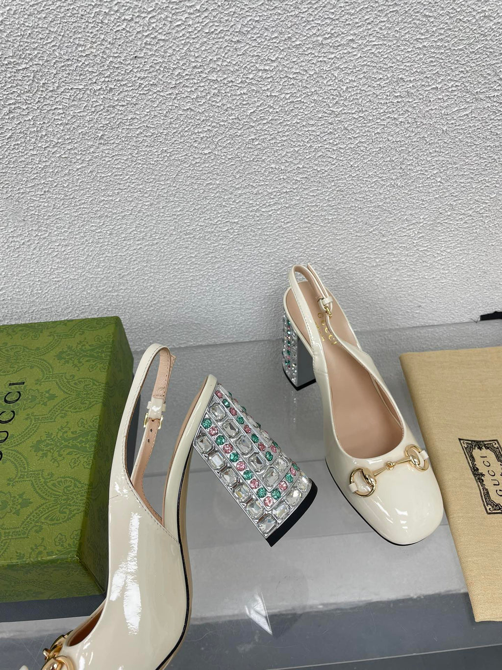 GUCCI WOMEN'S HORSEBIT SLINGBACK 95MM IN WHITE CALFSKIN WITH RHINSTONES