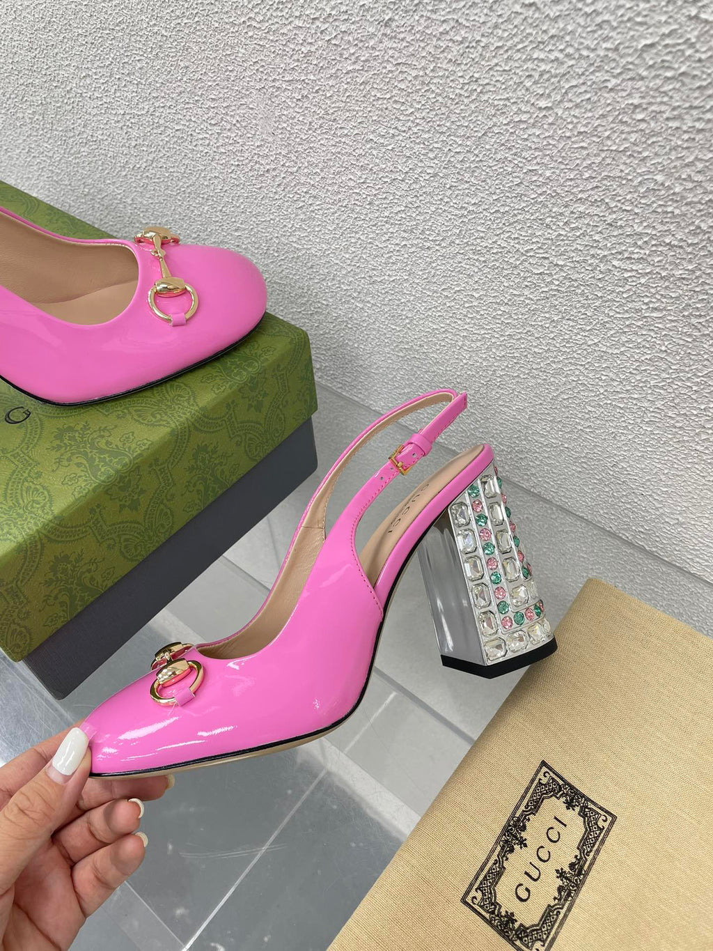 GUCCI WOMEN'S HORSEBIT SLINGBACK 95MM IN FUSICA PINK CALFSKIN WITH RHINSTONES