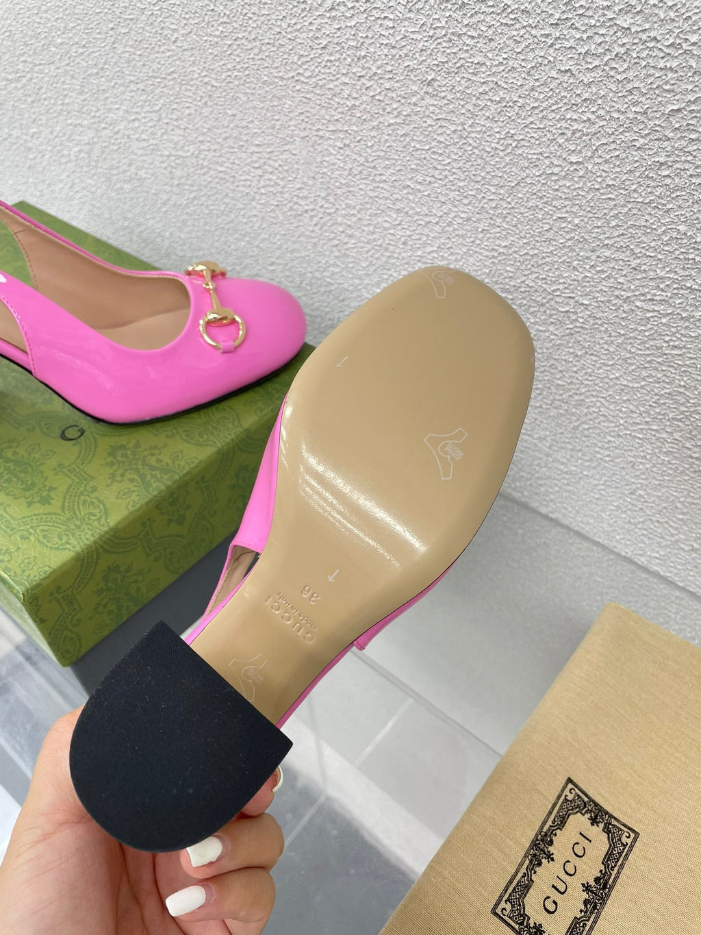 GUCCI WOMEN'S HORSEBIT SLINGBACK 95MM IN FUSICA PINK CALFSKIN WITH RHINSTONES