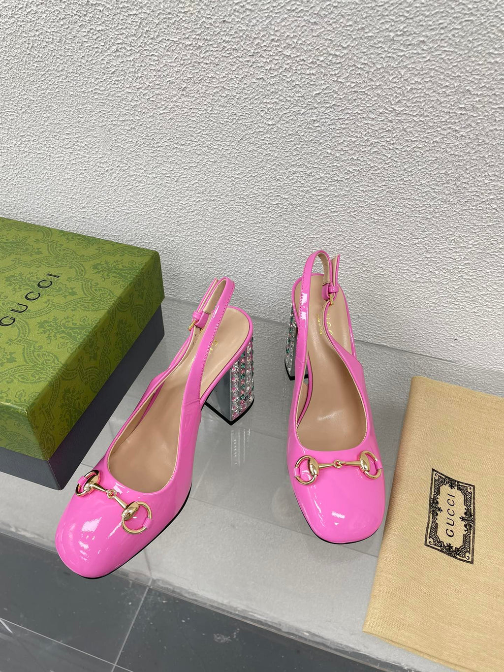 GUCCI WOMEN'S HORSEBIT SLINGBACK 95MM IN FUSICA PINK CALFSKIN WITH RHINSTONES