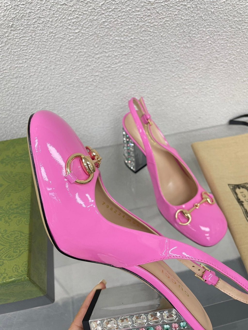 GUCCI WOMEN'S HORSEBIT SLINGBACK 95MM IN FUSICA PINK CALFSKIN WITH RHINSTONES