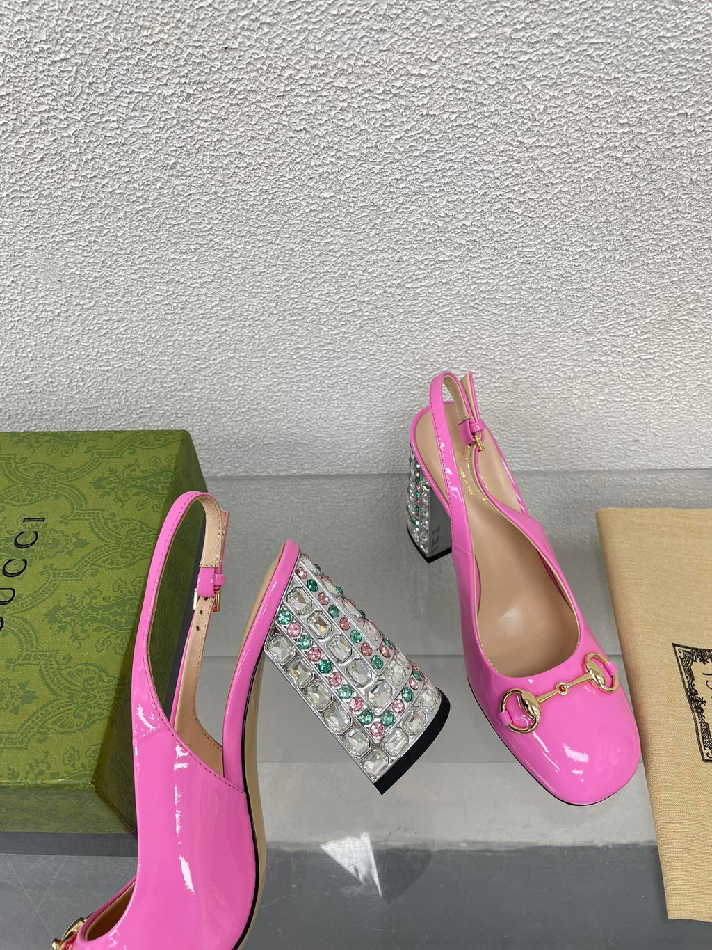 GUCCI WOMEN'S HORSEBIT SLINGBACK 95MM IN FUSICA PINK CALFSKIN WITH RHINSTONES