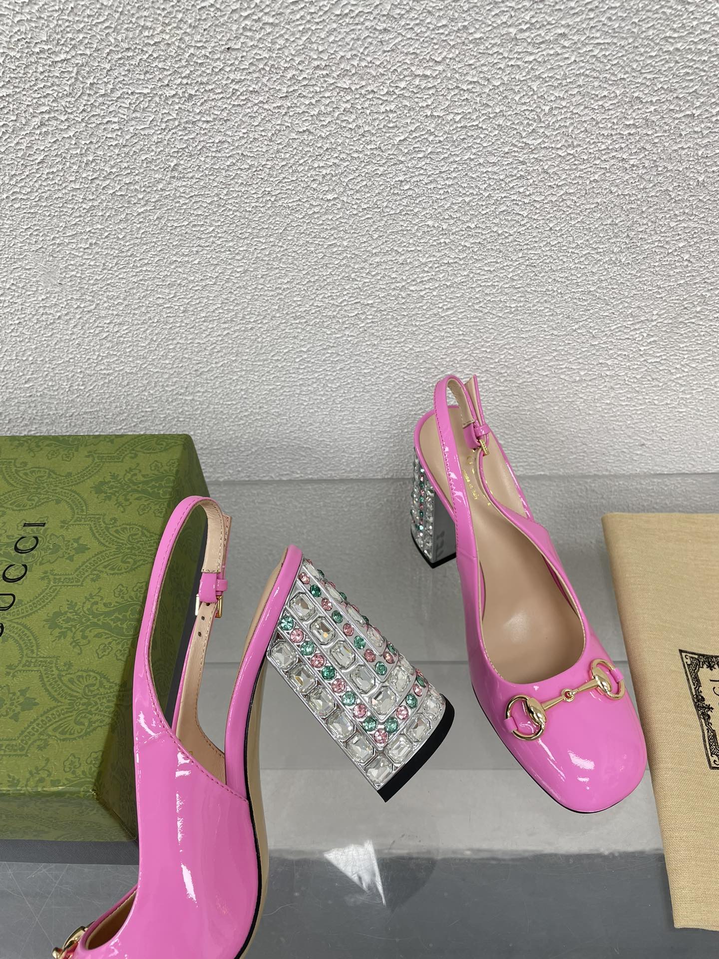 GUCCI WOMEN'S HORSEBIT SLINGBACK 95MM IN FUSICA PINK CALFSKIN WITH RHINSTONES