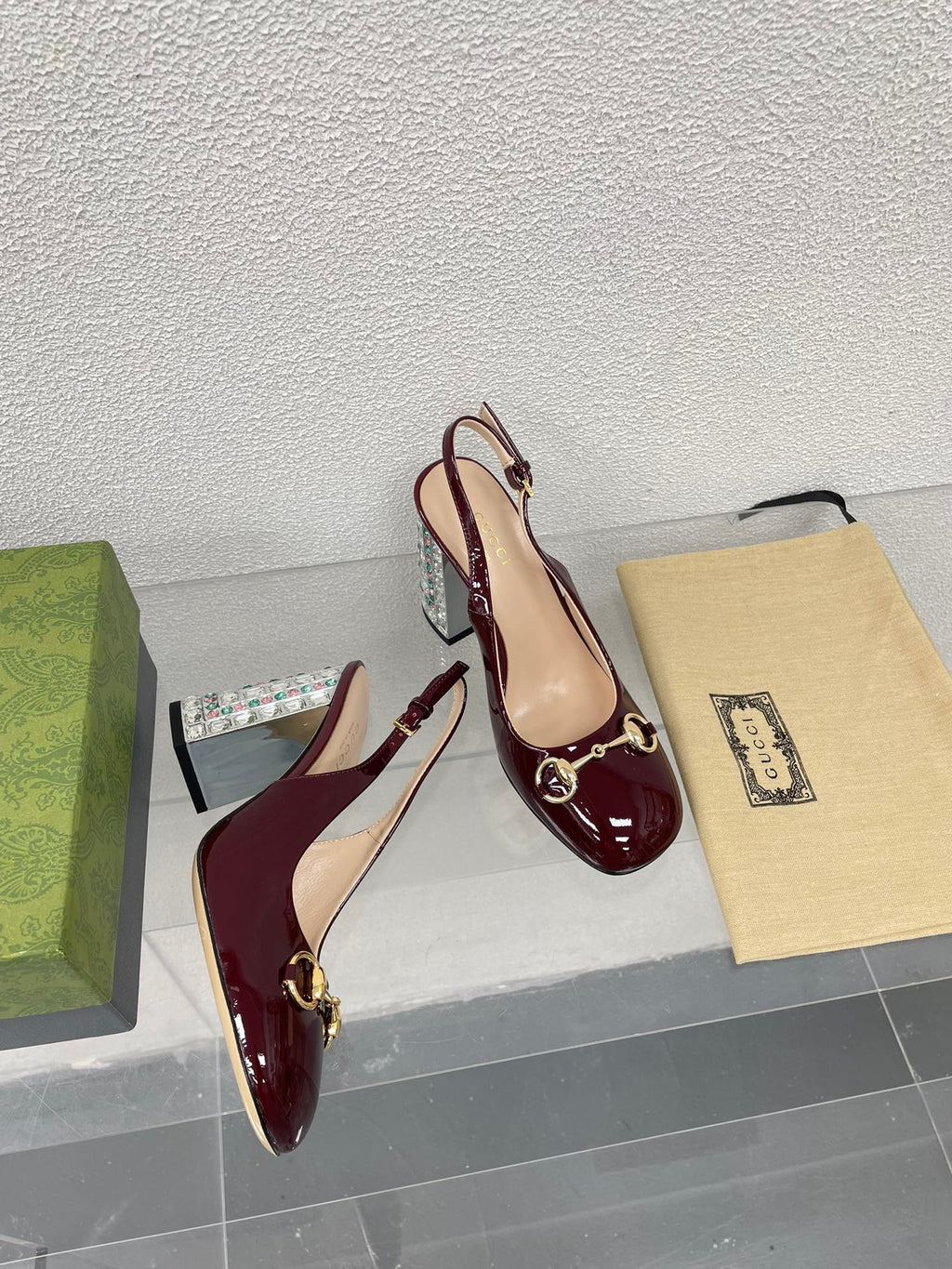 GUCCI WOMEN'S HORSEBIT SLINGBACK 95MM IN WINE RED CALFSKIN WITH RHINSTONES