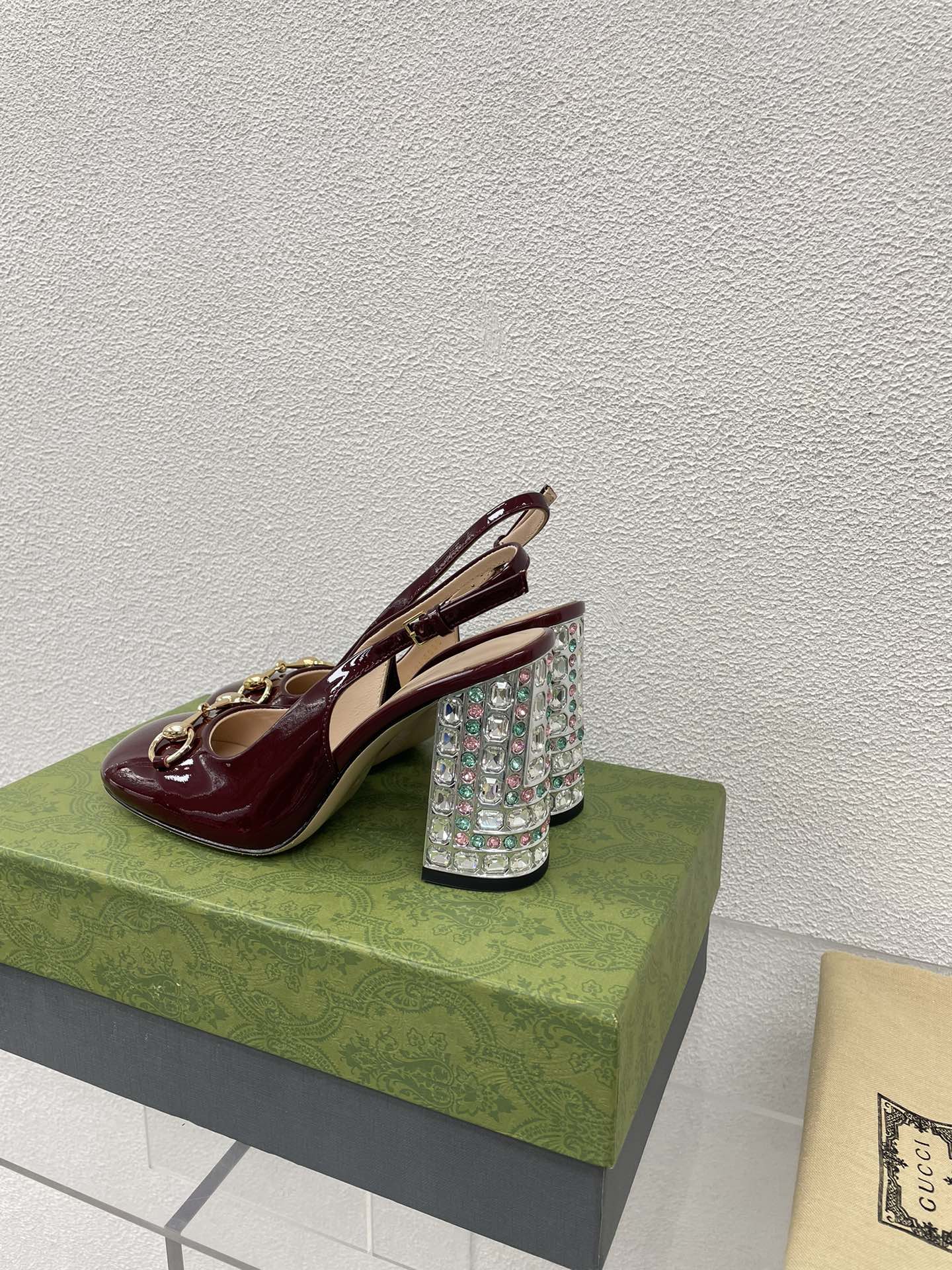 GUCCI WOMEN'S HORSEBIT SLINGBACK 95MM IN WINE RED CALFSKIN WITH RHINSTONES