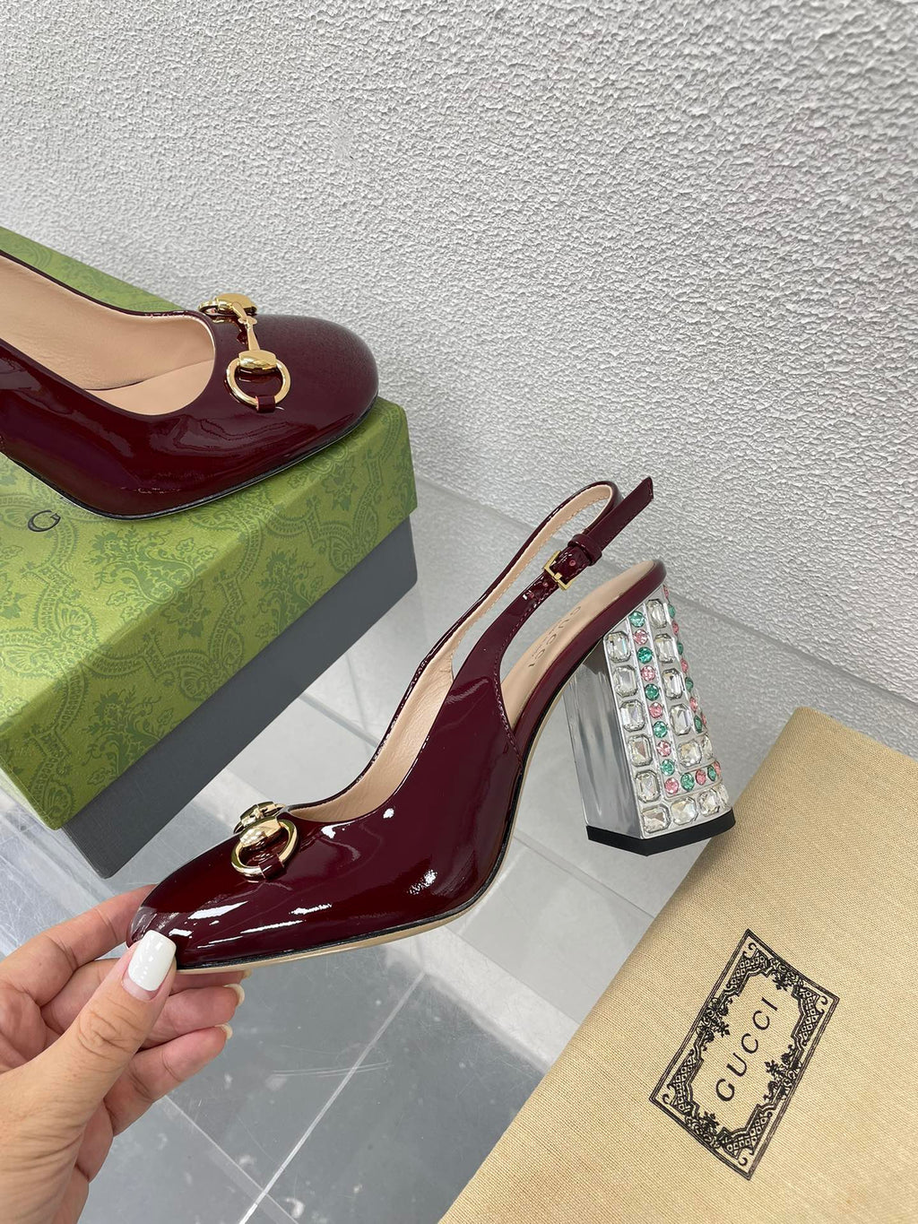 GUCCI WOMEN'S HORSEBIT SLINGBACK 95MM IN WINE RED CALFSKIN WITH RHINSTONES