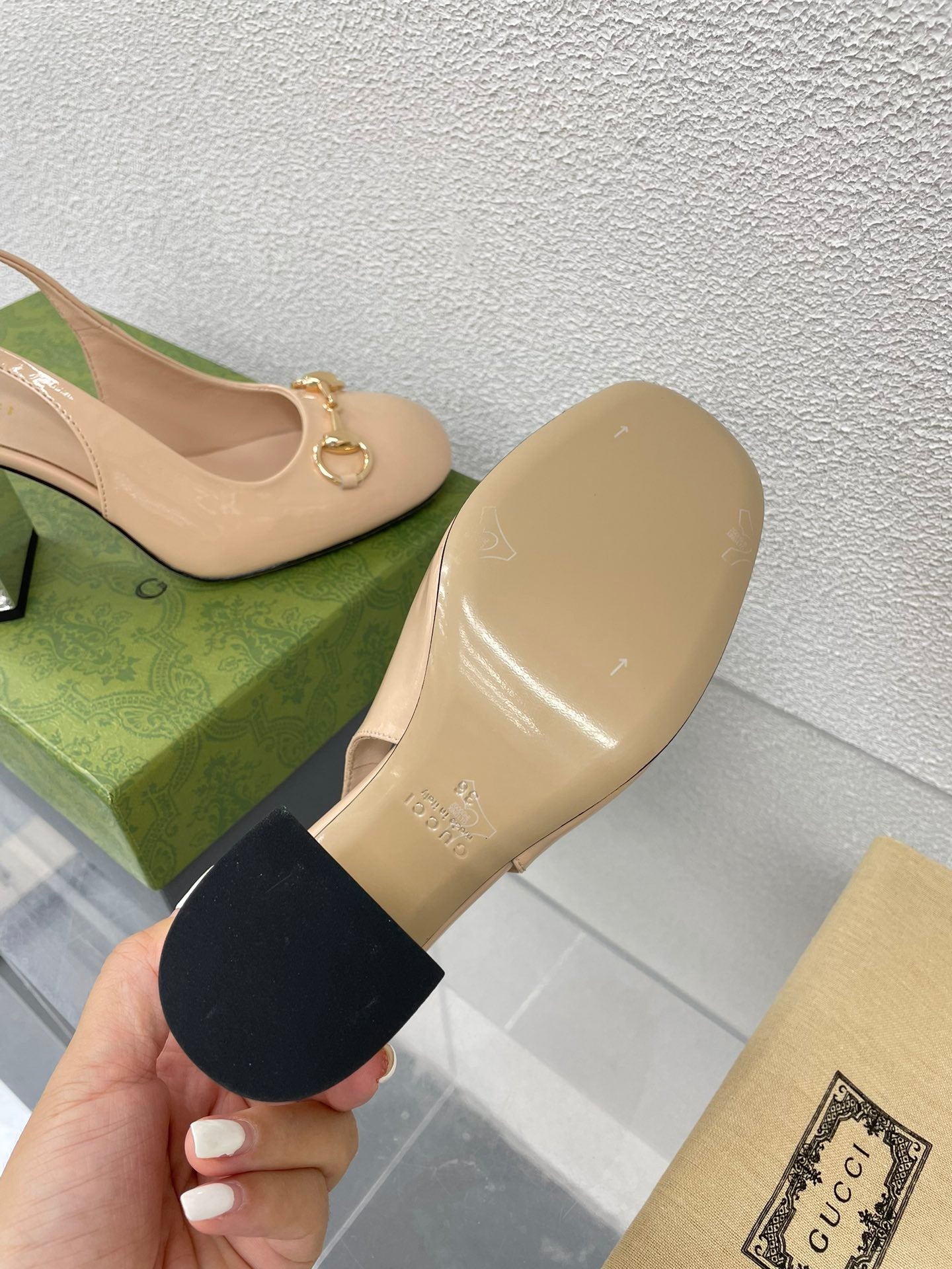 GUCCI WOMEN'S HORSEBIT SLINGBACK 95MM IN TAN BEIGE CALFSKIN WITH RHINSTONES