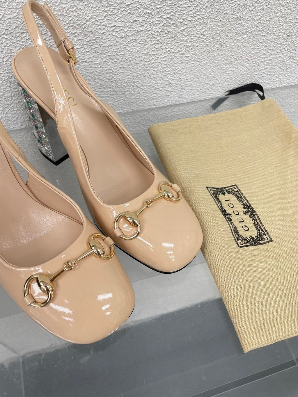 GUCCI WOMEN'S HORSEBIT SLINGBACK 95MM IN TAN BEIGE CALFSKIN WITH RHINSTONES