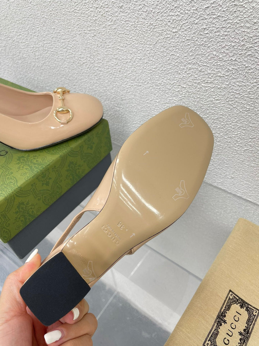 GUCCI WOMEN'S HORSEBIT SLINGBACK 75MM IN TAN BEIGE CALFSKIN