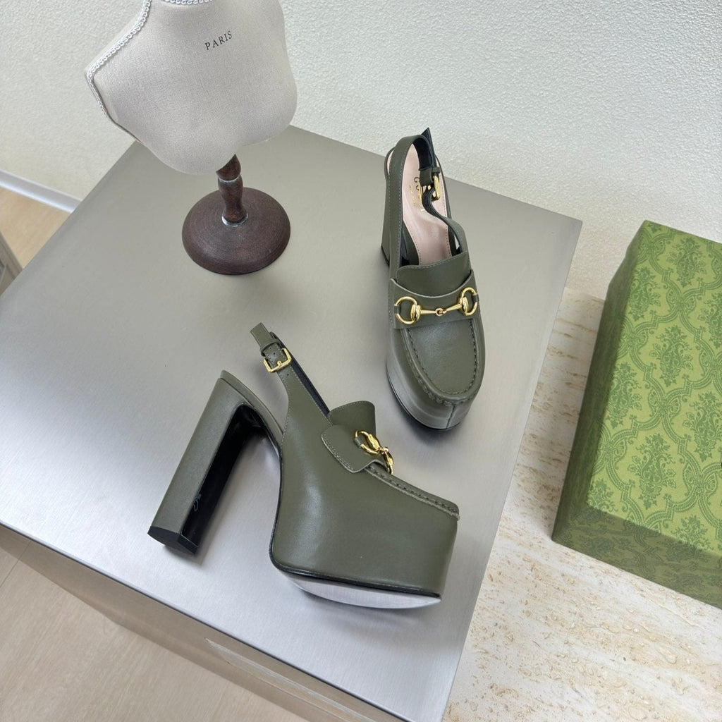 GUCCI WOMEN'S HORSEBIT PLATFORM LOAFER SLINGBACK IN UNIFORM GREEN EMBOSSED CALFSKIN