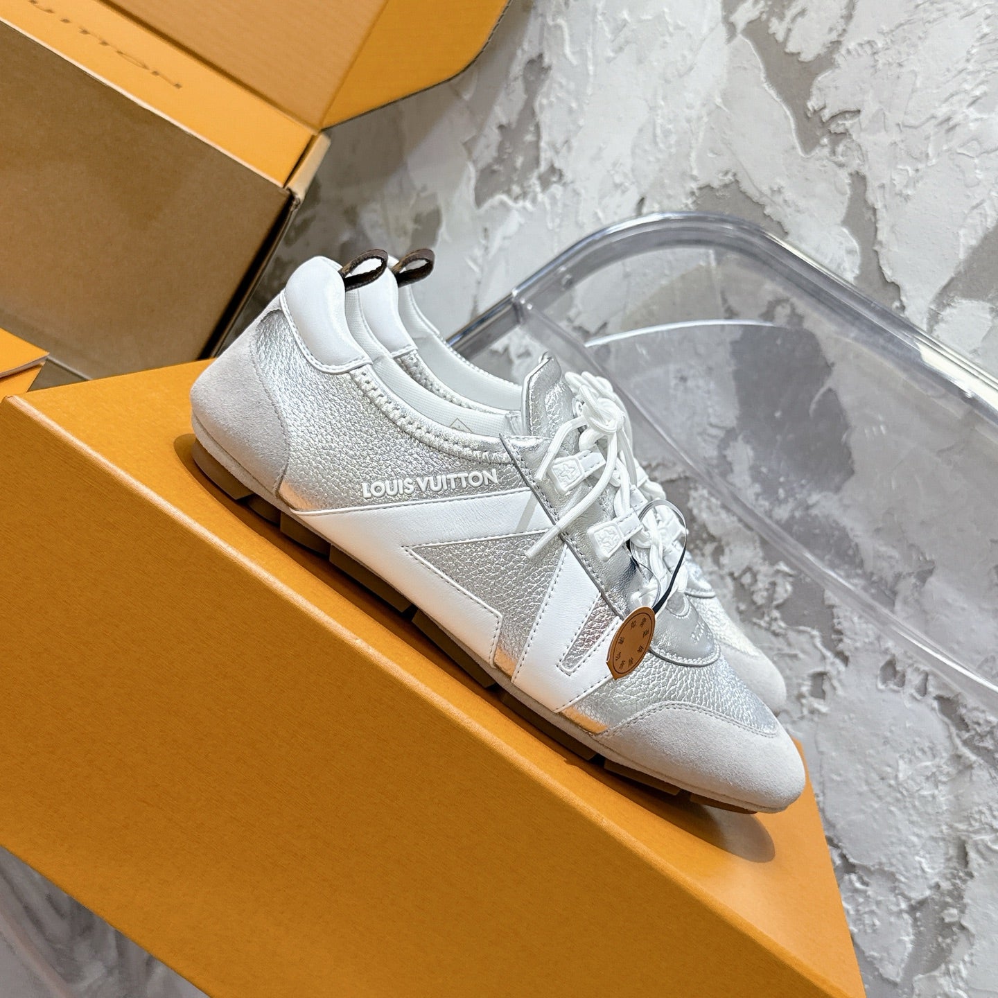 LOUIS VUITTON SNEAKERINA TRAINERS IN SILVER-TONE CALFSKIN AND SUEDE