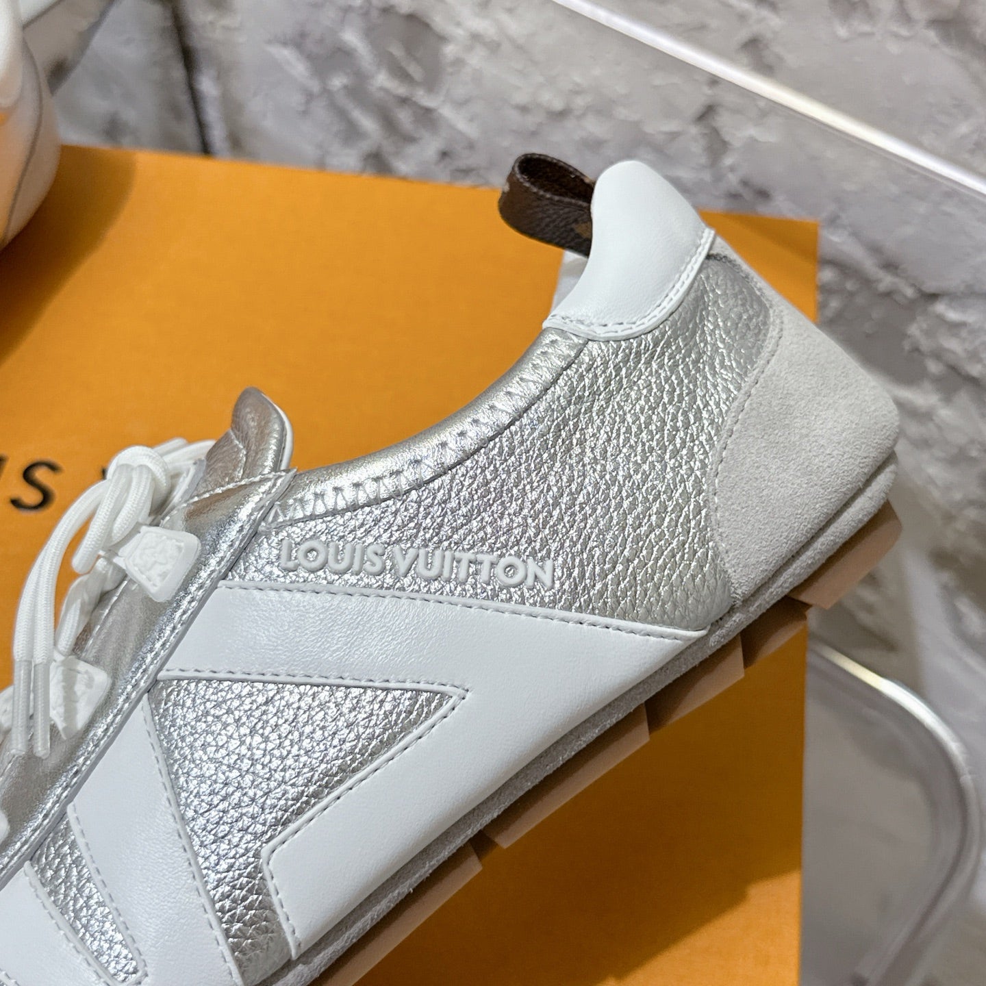 LOUIS VUITTON SNEAKERINA TRAINERS IN SILVER-TONE CALFSKIN AND SUEDE