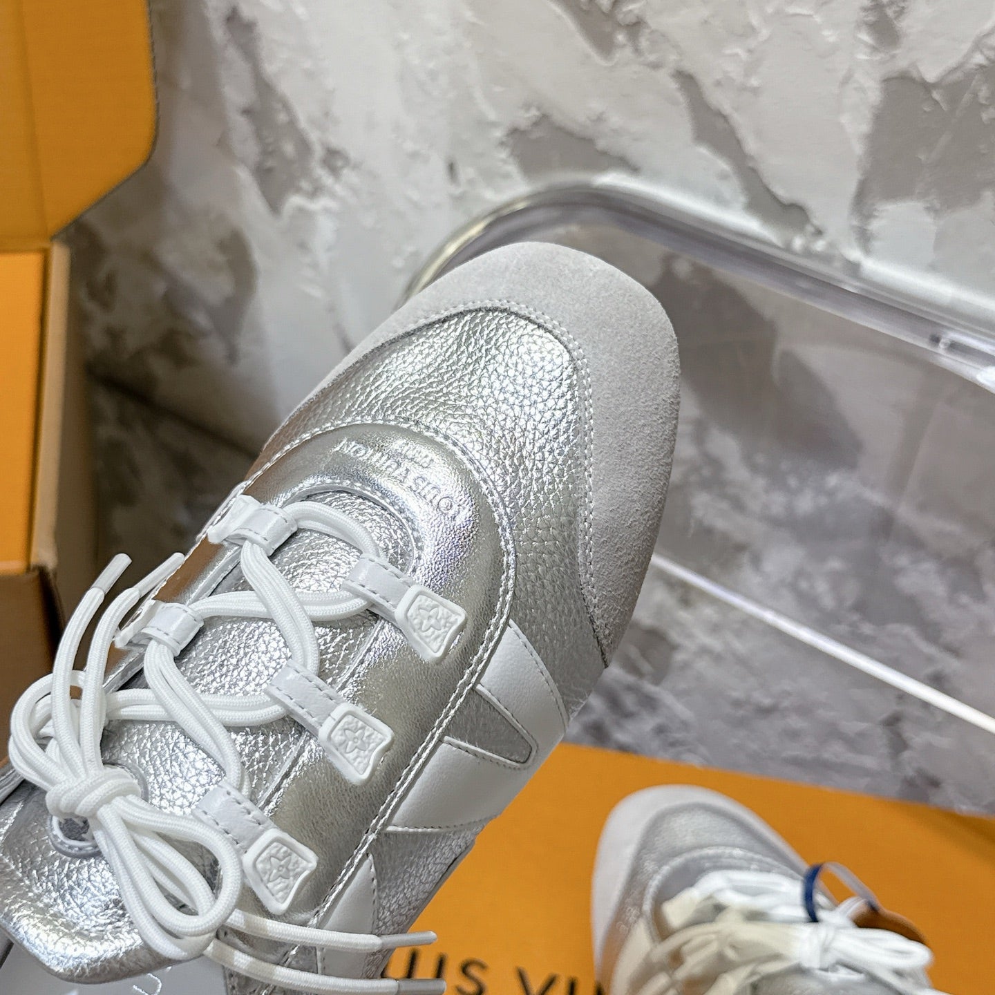 LOUIS VUITTON SNEAKERINA TRAINERS IN SILVER-TONE CALFSKIN AND SUEDE