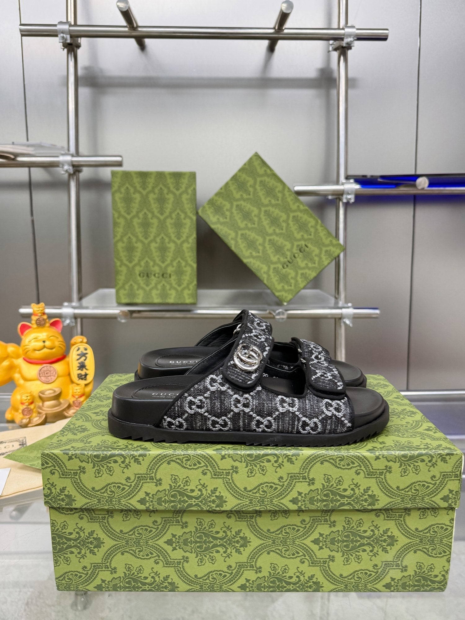 GUCCI SANDALS IN BLACK FABRIC AND CALFSKIN WITH SILVER HARDWARE