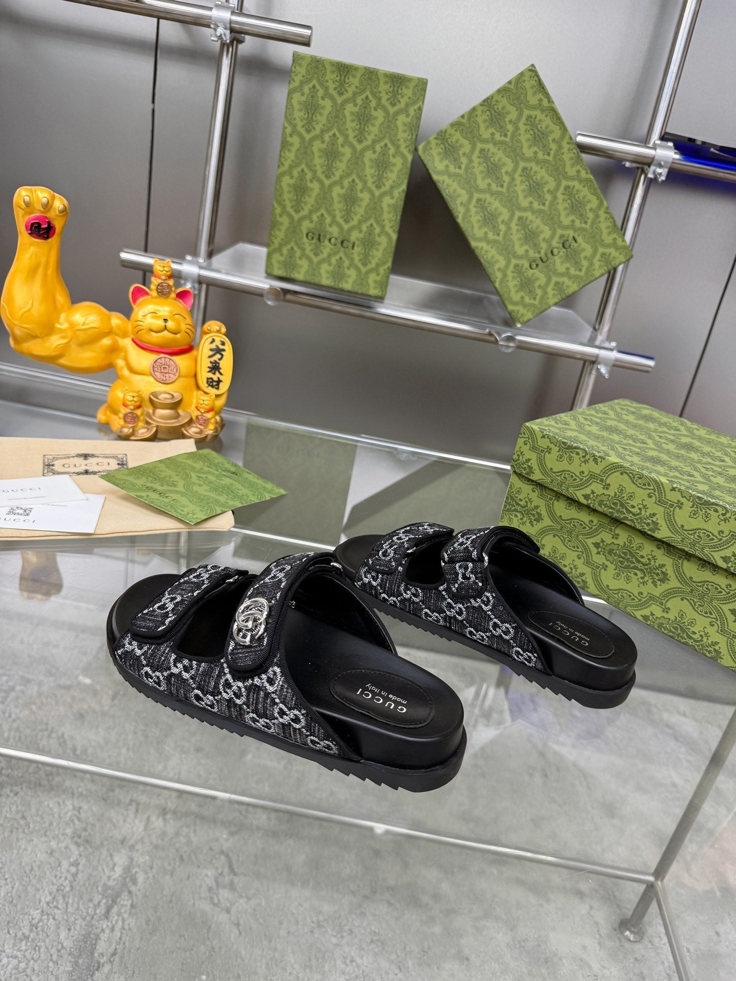 GUCCI SANDALS IN BLACK FABRIC AND CALFSKIN WITH SILVER HARDWARE