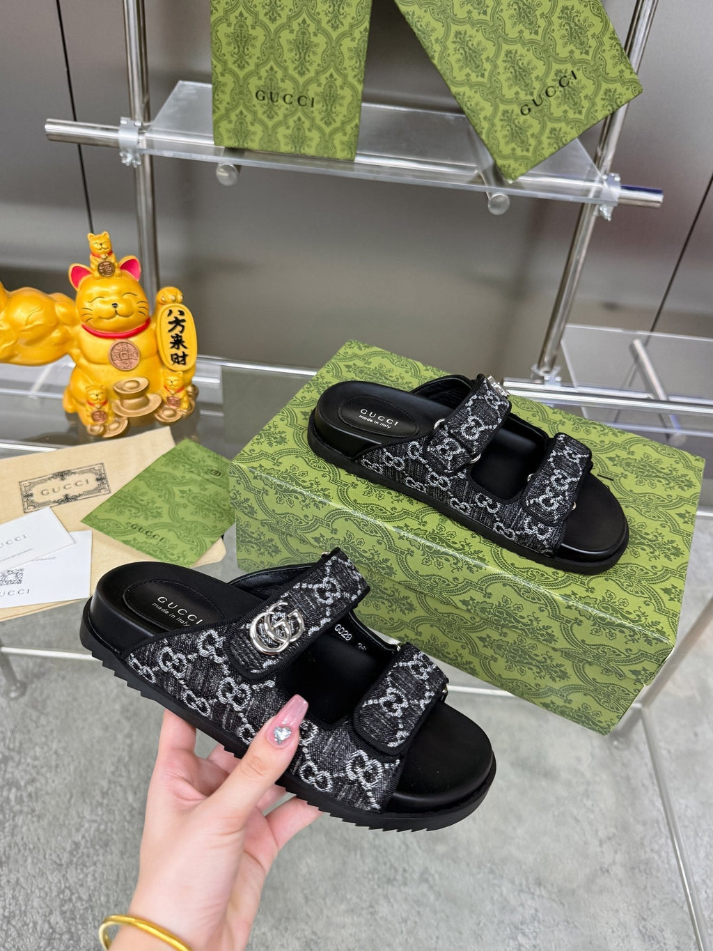 GUCCI SANDALS IN BLACK FABRIC AND CALFSKIN WITH SILVER HARDWARE