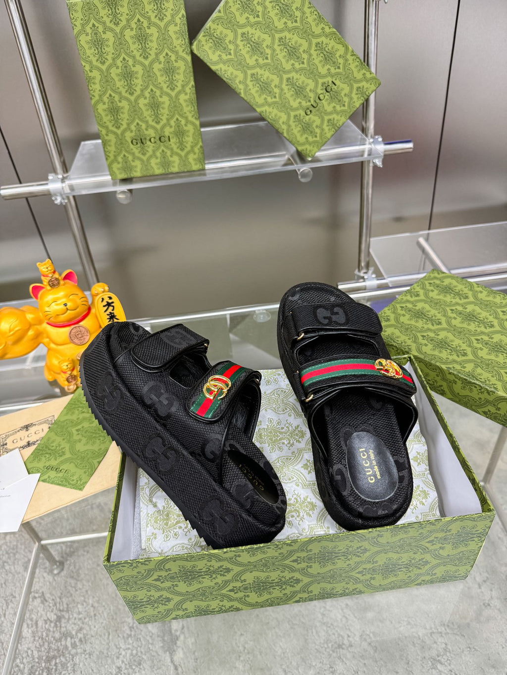 GUCCI SANDALS 22 IN BLACK FABRIC WITH GOLD HARDWARE