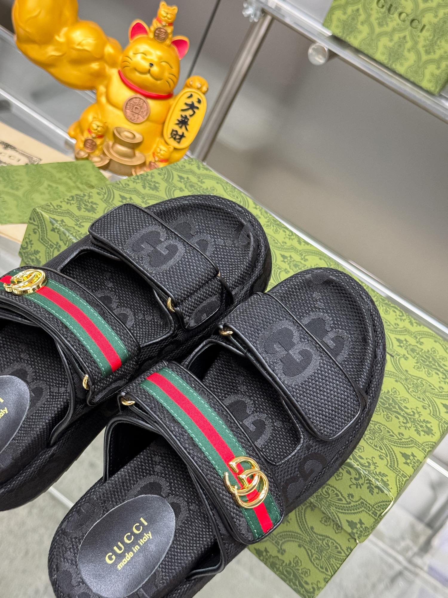 GUCCI SANDALS 22 IN BLACK FABRIC WITH GOLD HARDWARE