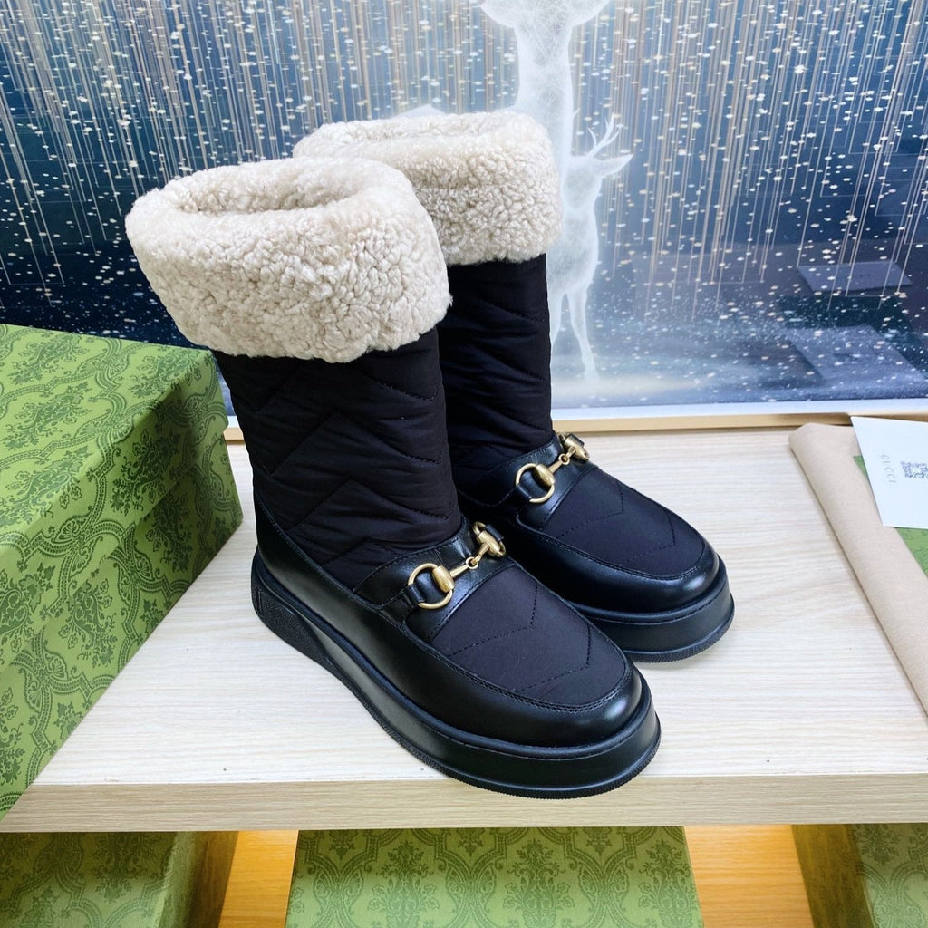 GUCCI HORSEBIT ANKLE BOOTS WITH MERINO TRIM IN BLACK NYLON MIX CALFSKIN